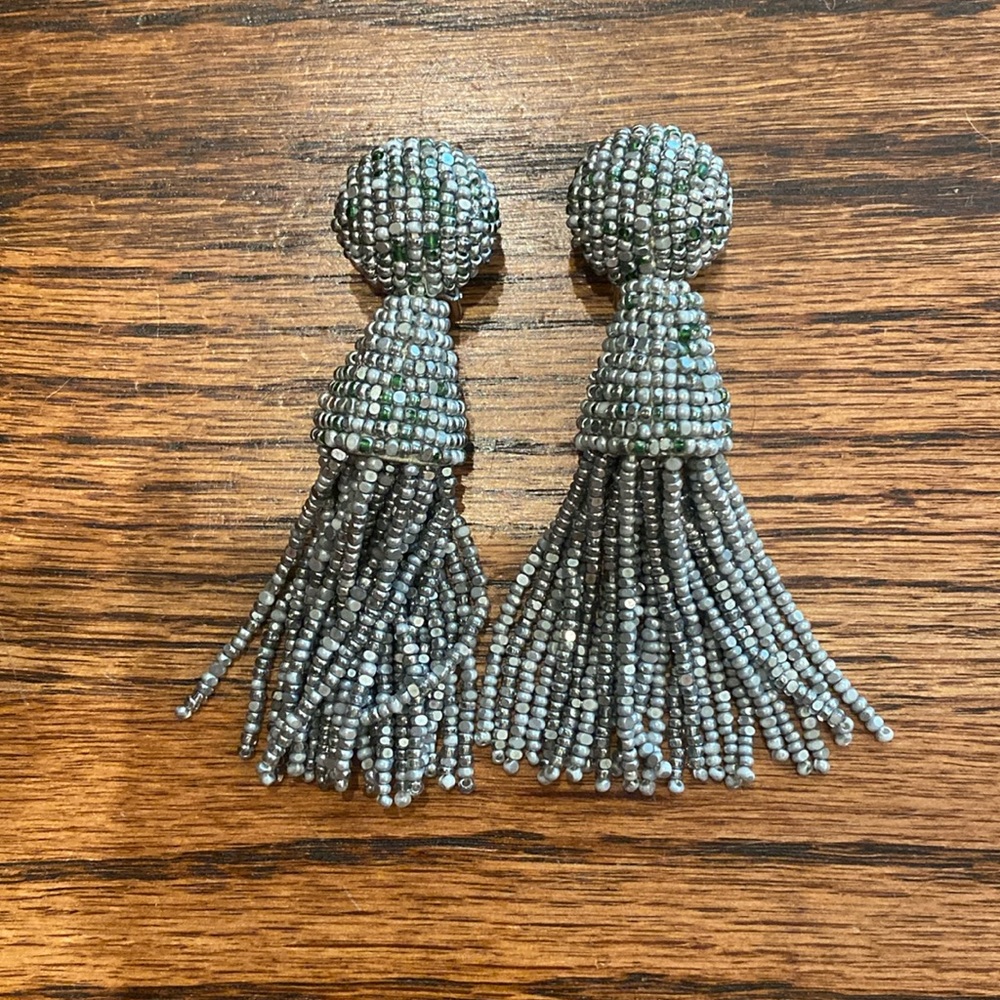 Oscar de la Renta Beaded Silver Tassle Earrings